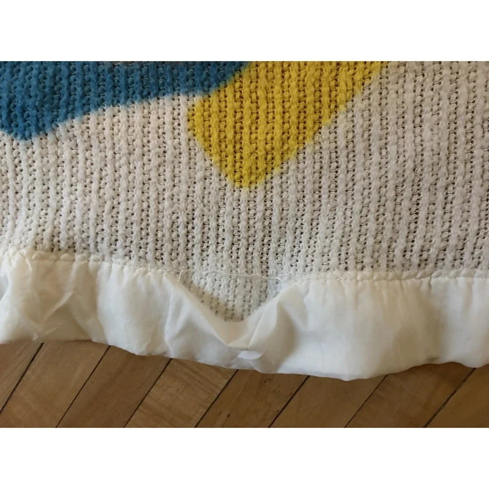 Vintage Waffle Weave Baby blanket Satin Trim Bunny Rabbit House